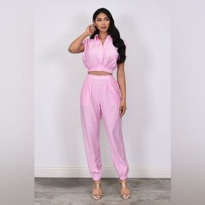 NEW Woven Crop Shirt and Pant Set in Pink Concert Vacay Casual Size L